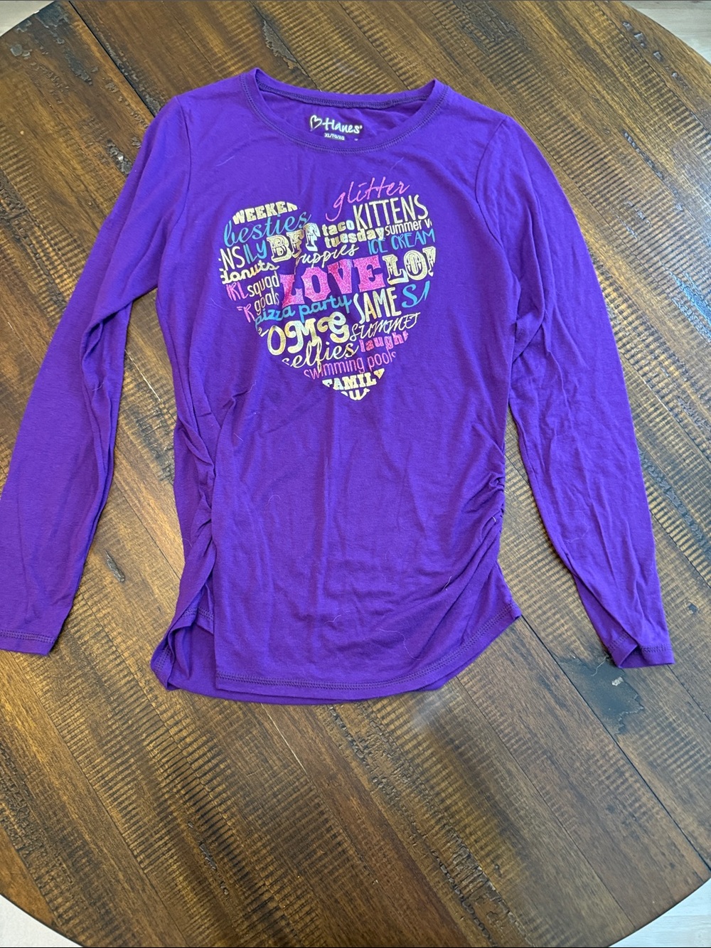 Hanes Purple Long-Sleeve Girls' Heart Word-Art Top